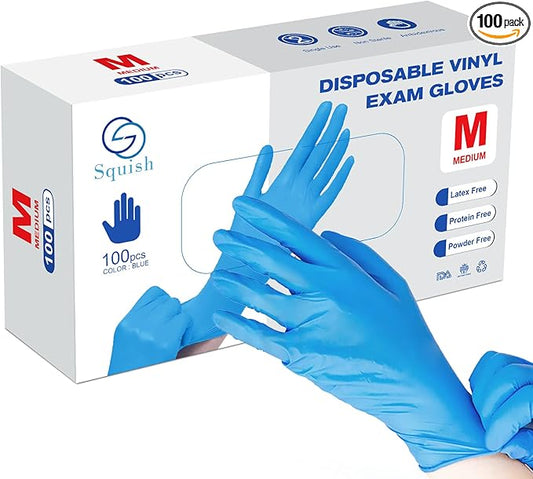 squish Disposable Gloves, Blue 4 mil Vinyl Synmax Blend Exam Gloves Non Sterile, Powder Free, Latex Free - Cleaning Supplies, Kitchen and Food Safe(Pack of 100) (Blue Medium)