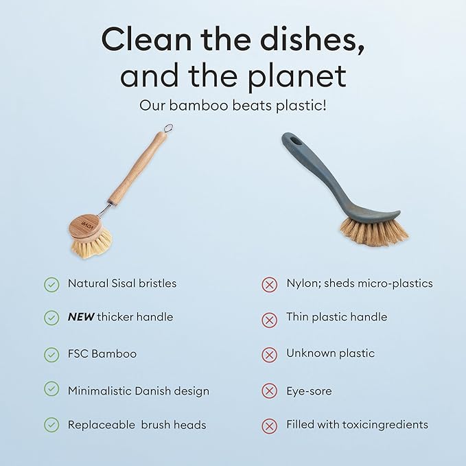 Vove Bamboo Dish Brush, FSC-Certified - Includes 3 Replacement Heads - Natural Fiber Bristles - Non-Toxic, Plastic-Free - Scrub Brush for Pots, Pans & Dishes