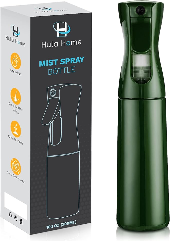 Hula Home Continuous Spray Bottle for Hair (10.1oz/300ml) Empty Ultra Fine Plastic Water Mist Sprayer – For Hairstyling, Cleaning, Salons, Plants, Essential Oil Scents & More - Green