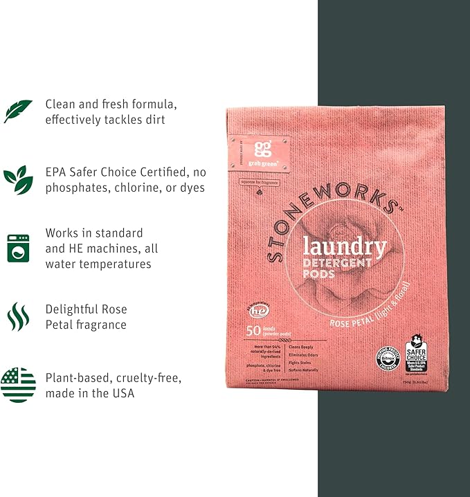 Grab Green Stoneworks Laundry Detergent Pods Sample Kit, 10 Count, Birch Branch, Fragrance Free Rain, Oak Tree, Olive Leaf, Rose Petal Scents, Plant a