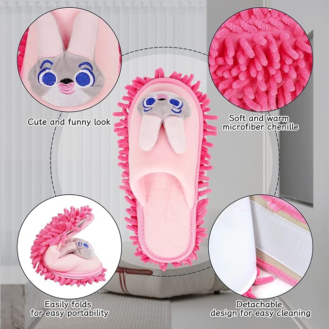 Liitrton Mop Slippers Cartoon Mop Shoes, Washable Microfiber Slippers for Floor Cleaning, Detachable Mopping Slippers for Women Home Floor Cleaning Tools (Pink Rabbit, Women 7-9/Men 5-7)