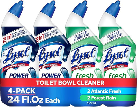 Lysol Toilet Bowl Cleaner, Max Strength Bathroom Cleaning Supplies, Toilet Bowl Cleaner Clinging Gel, Disinfecting and Deodorizing, Bleach Free, Atlantic Fresh + Forest Rain 24 oz (4 ct)