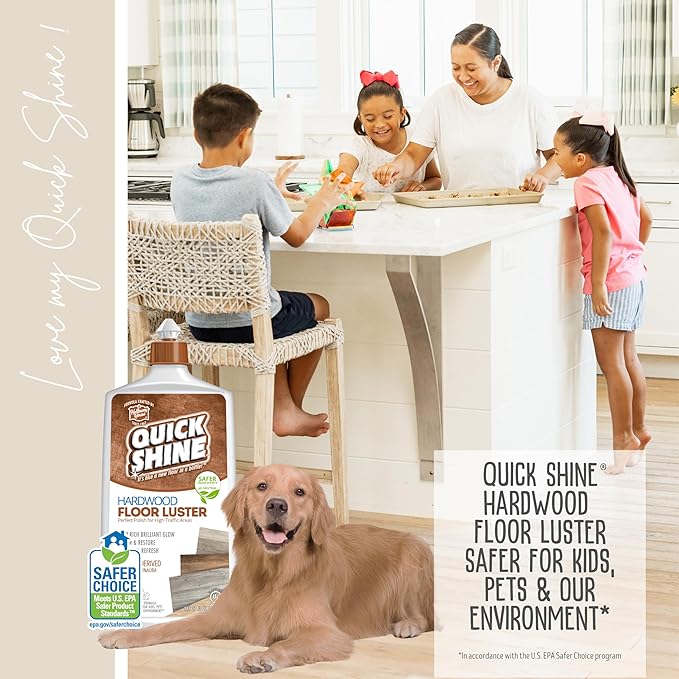 Quick Shine Hardwood Floor Luster-Polish 27oz-2pk | Plant-Derived w/Carnauba | Safer Choice, No PFAS, pH Neutral | Ready to Use Formula w/Anti-Slip Technology | Simply Squirt & Spread | Made in USA