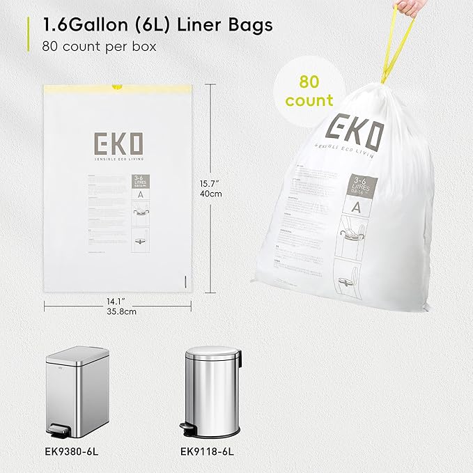 EKO 1.6 Gallon / 3-6 Liter, 80 Count Small Drawstring Trash Bags, Extra-Strong Unscented Garbage Bags, Easy-Dispense Roll for Kitchen & Household Use, Resists Tears, Leaks and Punctures, Code A, White