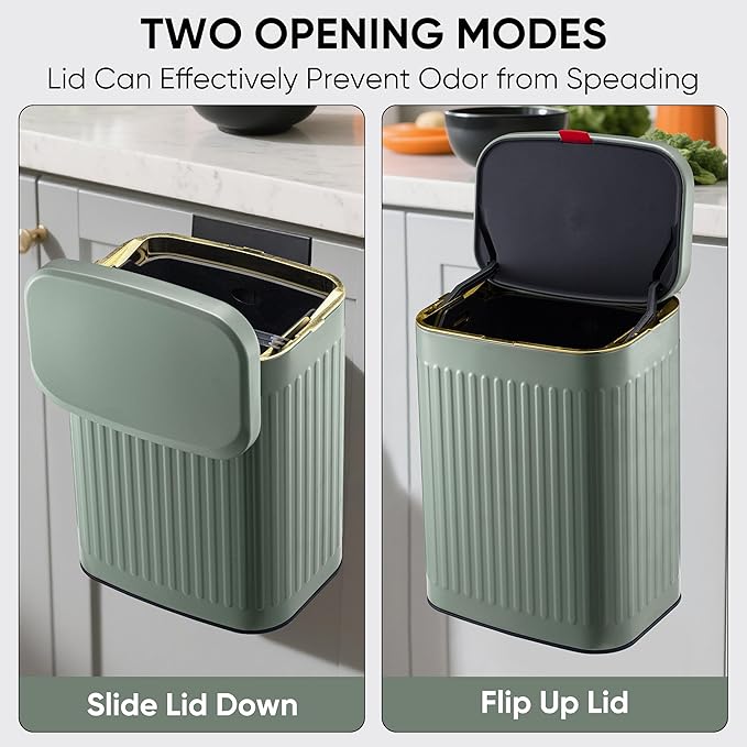 2.11Gallon 8L Carbon Steel Trash Can Door Compost Bin Wall Mounted 2 Ways Sliding Lid Compost Bin Countertop Kitchen Hanging Cabinet Door Trash Bin Metal Garbage Bin Cubo de BasuraGreen