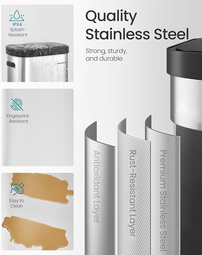 SONGMICS Motion Sensor Trash Can, 13-Gallon (50 L) Automatic Garbage Can with Soft Close Lid, Stainless Steel, Wave or Touch to Open, Includes 15 Bags, Metallic Silver and Ink Black ULTB640E01