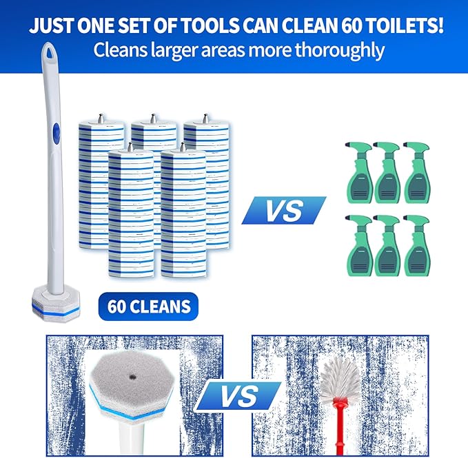 Disposable Toilet Brush Set with 60 Replacement Heads, Toilet Cleaning Replacement Pads, Starter Kit with Storage Case for Deep Cleaning and Hygienic Bathroom Maintenance