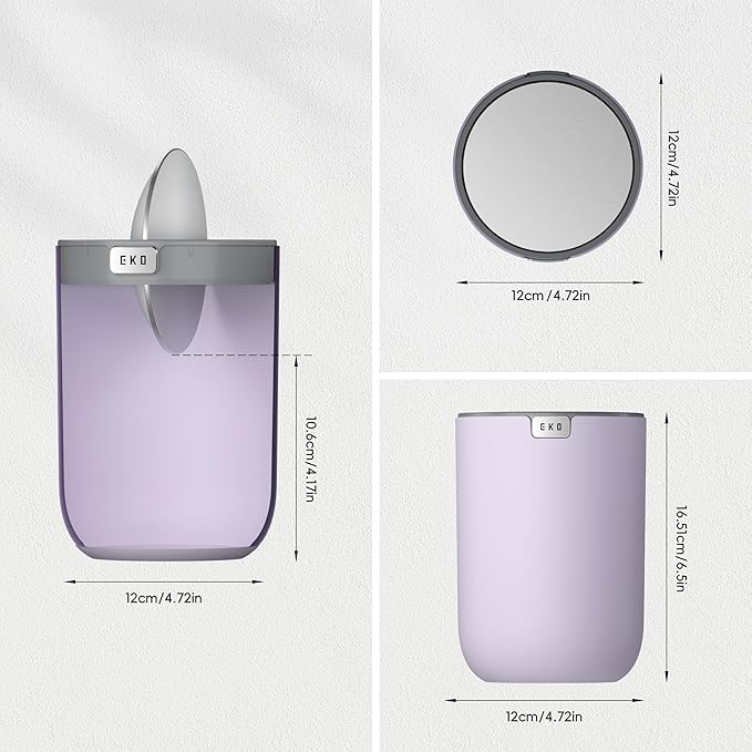 EKO Mini Desk Trash Can with Swing-Top Lid 0.4 Gallon Small Table Round Wastebasket for Office, Home, Car (Lavender)