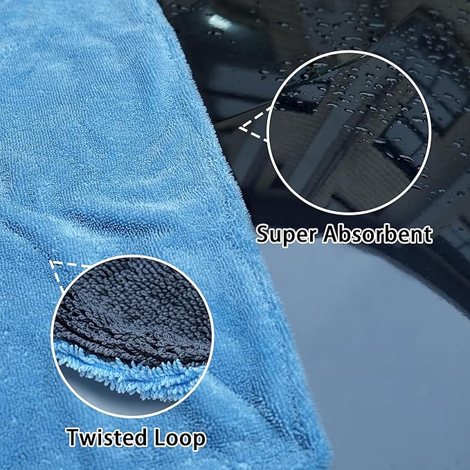 Greenfound Microfiber Towel for Cars, 1000GSM Car Drying Towel, Double Twist Pile & Edgeless Design, No Streaks, Scratches, or Water Spots, Soft and Absorbent, 18"×24", Blue&Grey