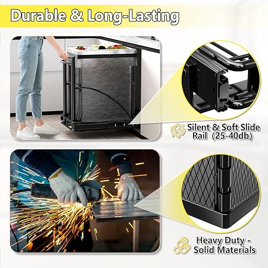 Under Sink Trash Can 7.4Gal 30Qt Pull Out Trash Can Under Cabinet ≥13" Wx17 Hx19 D, Cabinet Trash Can Pull Out Kit Sliding Garbage Bin Under Counter, with A Metal Basket (Black + Metal Basket)