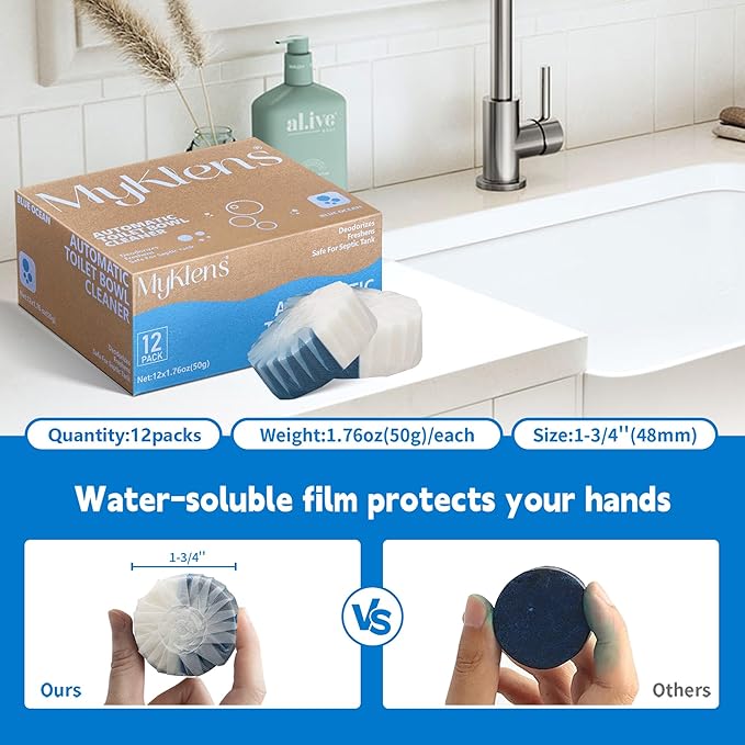 Toilet Bowl Cleaner Tablets, Automatic Toilet Tank Cleaner for Deodorizing & Descaling, Long-Lasting with Sustained Release Technology for Bathroom Cleaners, Blue & White, 12 Packs