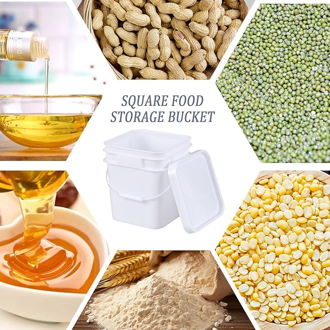 Teyyvn 4 Pcs 3 Gallon Square Bucket with Lid and Plastic Handles, White Plastic Utility Bucket Pail with Lid for Food Storage