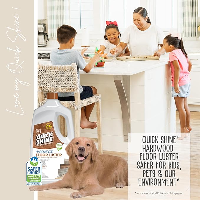 Quick Shine Hardwood Floor Luster-Polish 64oz-4pk | Plant-Derived w/Carnauba | Safer Choice, No PFAS, pH Neutral | Ready to Use Formula w/Anti-Slip Technology | Simply Squirt & Spread | Made in USA