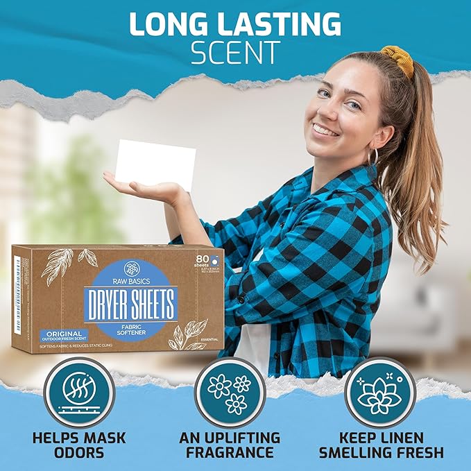 Dryer Sheets, 80 Bulk Loads - Laundry Fabric Softener Strips to Guard Against Static - Non Toxic for Sensitive Skin - Zero Waste and Plastic Free - Lightly Scented with Wrinkle Release Technology