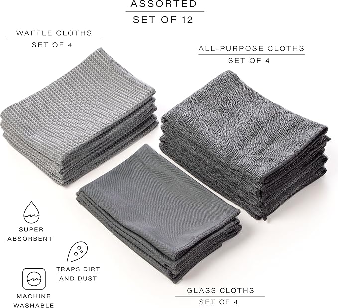 BINO Grey Ombre 15x15 Inches Assorted Microfiber Cleaning Towel Set - Ultra Absorbent Cleaning Towels - All Purpose Microfiber Towels - 12 Pack