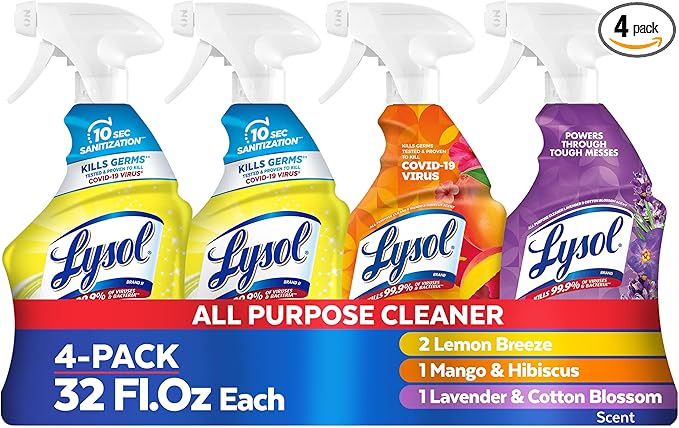Lysol All Purpose Cleaner Spray, Multi-Purpose Disinfecting Spray, Kitchen & Bathroom Cleaner, Lemon Breeze, Lavender, Mango 32oz (Pack of 4)