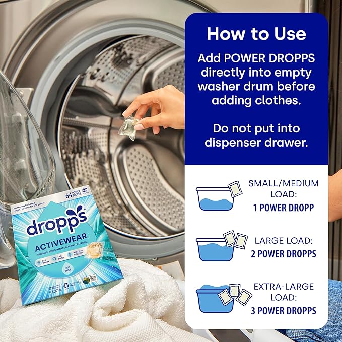 Dropps Activewear Laundry Detergent Pods, Unscented (64 Count) - Biobased Power Laundry Pods Fights Tough Stains & Odors, Sweat & Dirt - HE Compatible Laundry Supplies for Clean Sport Clothes