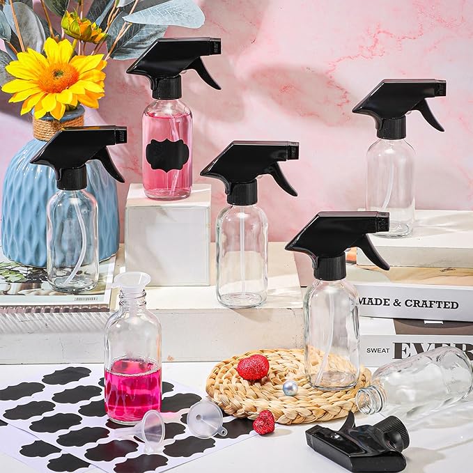 Fumete 20 Pcs 4 oz Glass Spray Bottles Empty Refillable Sprayer Containers with Funnels Labels Black Trigger Sprayers Spray Bottles for Essential Oil DIY Kitchen Hair Plants(Clear)