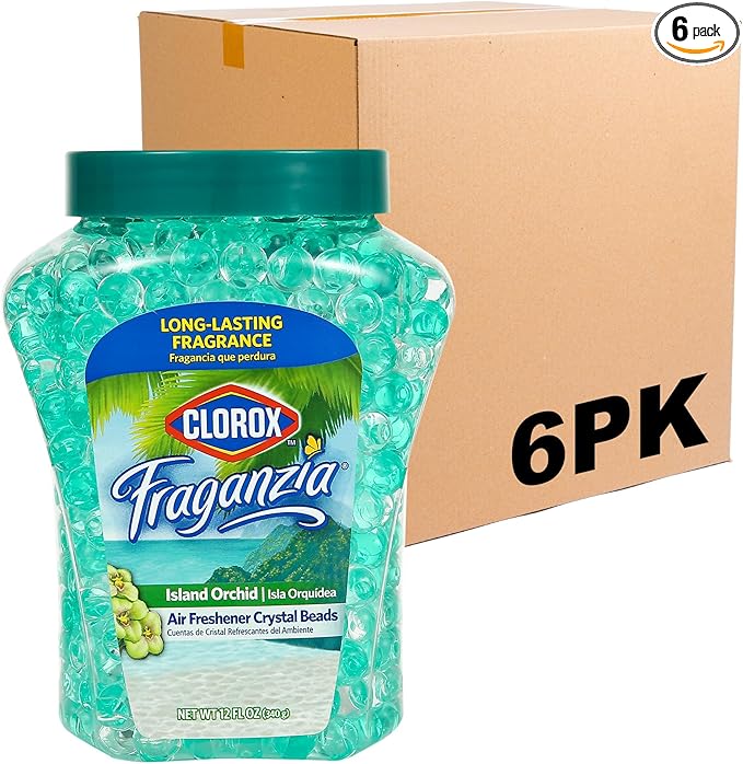 Clorox Fraganzia Crystal Beads Air Freshener | Long-Lasting Air Freshener Beads | Gel Beads Air Freshener in Island Orchard Scent for Home, Bathroom, or Car, 12 Oz - 6 Pack