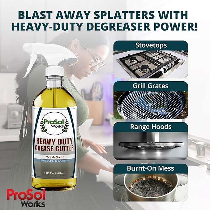 Degreaser Cleaner Heavy Duty Cleaning Spray 16 oz - Kitchen Cleaner for Stubborn Splatters, Stove Top, Grill, Drip Pans, & Oven Cleaner - Safe on All Surfaces - Fresh Scent