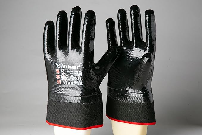 Oil Grasp 374 INKER Gloves, Large Cuff, Nitrile Coated Gloves, Oil-Immersion & Acid-Alkali Resistant, Durable & Abrasion-Resistant,Size 10, Black(Pack of 12)
