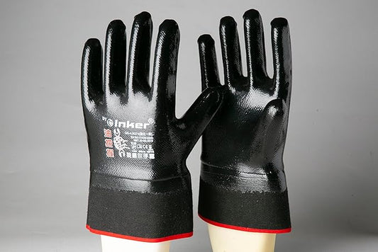 Oil Grasp 374 INKER Gloves, Large Cuff, Nitrile Coated Gloves, Oil-Immersion & Acid-Alkali Resistant, Durable & Abrasion-Resistant,Size 10, Black(Pack of 12)