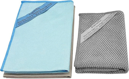 2-Step Glass Cleaning Cloth 3-Pack - Lint-Free Microfiber Towels Polish & Scrub Kit - Water Only Streak-Free for Windows, Cars, Mirrors - Blue, Brown, Gray