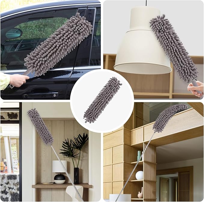 5Pcs Dusters for Cleaning, with Microfiber Duster, Ceiling Fan Brush, Cobweb Duster, 100in Stainless Steel Extension Pole, Bendable Extendable Duster for High Ceilings, Gap Dust Wet or Dry