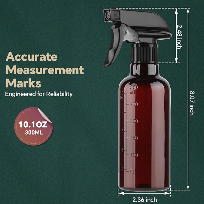 Plastic Spray Bottles (2 Pack 10 oz), Leakproof Adjustable Fine Mist & Jet Stream Nozzle, Premium BPA-Free Plastic Multi-Purpose for Hair, Plants, Cleaning (2 PACK AMBER)