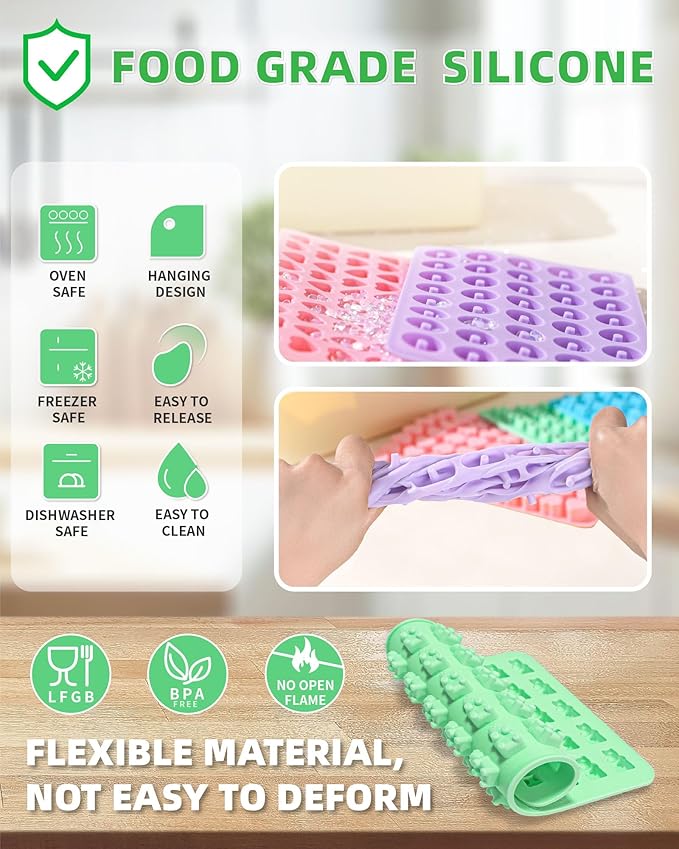 Silicone Gummy Molds Set of 4, Non-stick Candy Chocolate Molds with 2 Droppers 1 Clean Brush, Includes Dinosaur Bear Donut Heart Shape