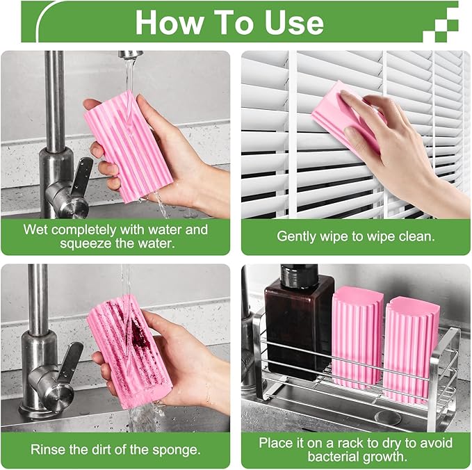 4-Pack Damp Clean Duster Sponge, Sponge Cleaning Brush, Duster for Cleaning Blinds, Glass, Baseboards, Vents, Railings, Mirrors, Window Track Grooves and Faucets Pink Non-Scratch Sponges