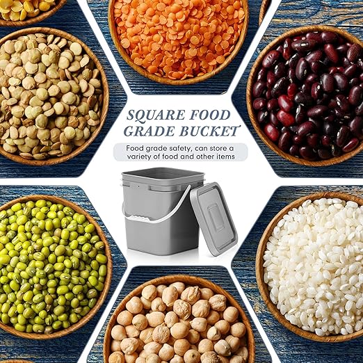 Mumufy 8 Pcs 3.5 Gallon Square Food Grade Bucket with Lid Square Bucket Pail with Plastic Handles for Storing Dry Food, Charcoal, Camping, Fishing (Gray)