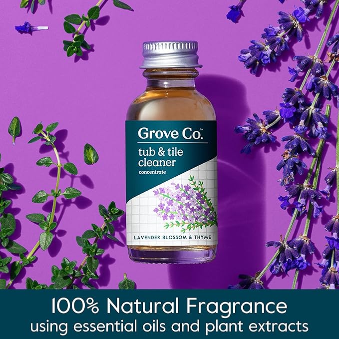 Grove Co. Tub and Tile Cleaner Refill Concentrate (2 x 1 Fl Oz) + 1 x Reusable Glass Spray Bottle (16 Oz) Plant-Based Cleaning Supplies Bundle, No Plastic Waste, Lavender & Thyme Scent