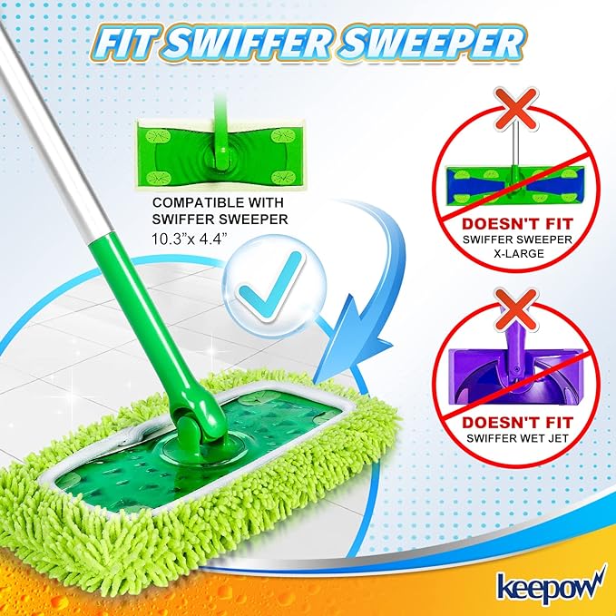KEEPOW Reusable Mop Pads Compatible with Swiffer Sweeper Mop, Microfiber Dry Sweeping Cloths, Washable Wet Pads Refills Mopping Cloth Refills for Hardwood Floor Cleaning, 4 Pack