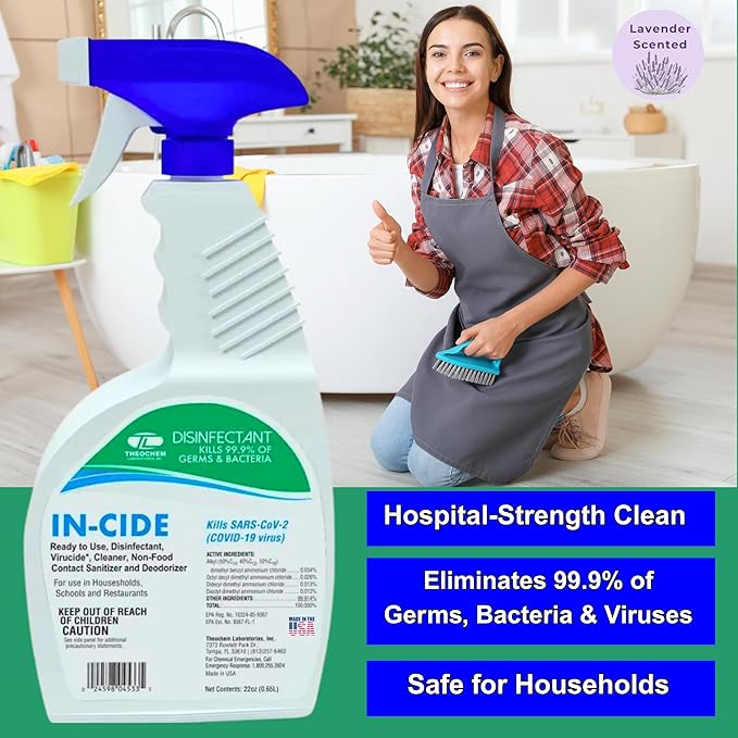 In-Cide Disinfectant Spray, EPA Registered Hospital-Grade Multi-Surface Cleaner, Sanitizer & Deodorizer, Kills 99.9% of Viruses & Bacteria, Lavender Scent, 24 oz Bottle (6 Pack)