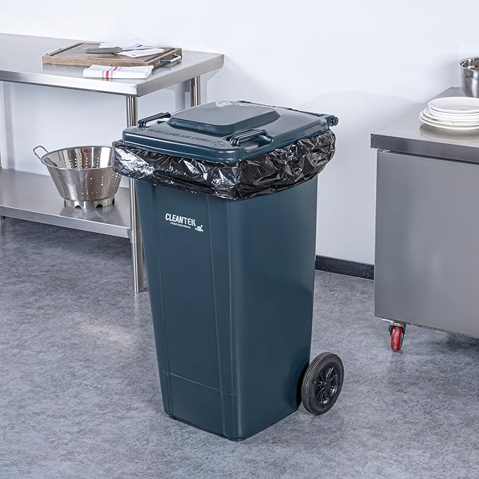 Restaurantware-Clean Tek Professional 32 Gallon Trash Can With Wheels, 1 Garbage Can With Lid - Step-On Attachment Sold Separately, Rectangle, Gray Plastic Dustbin, Long-Lasting, For Outdoor