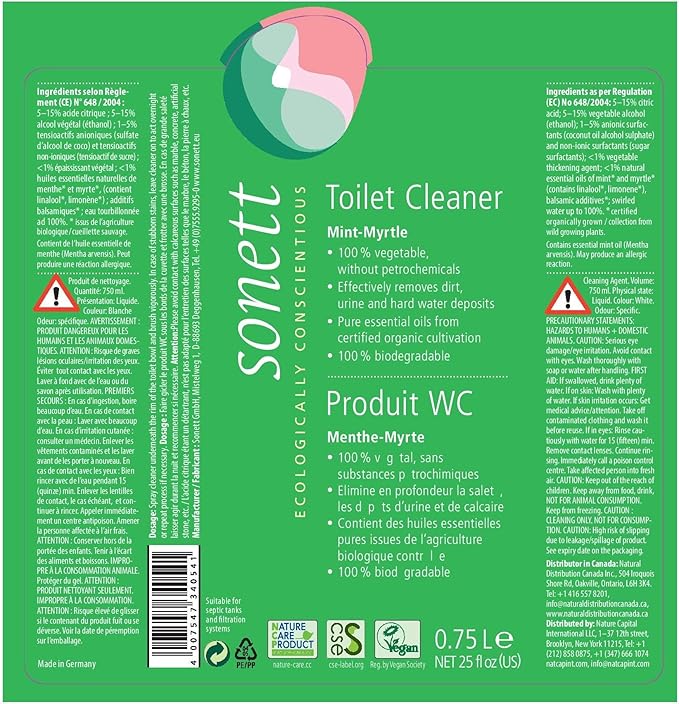 Sonett Organic Toilet Cleaner Mint-Myrtle,(25fl Oz/ 750ml) Effectively removes dirt, urine and hard water deposits.Pure essential oils from certified organic cultivation.