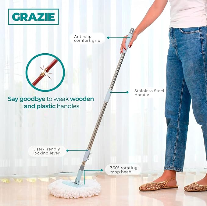 Spin Mop and Bucket with Wheels Wringer 360 Microfiber Mop with Stainless Steel Handle Self Wringing Cleaning System Bucket with Drain for Tile Hardwood Laminate Floors Includes 2 Mop Head Refills