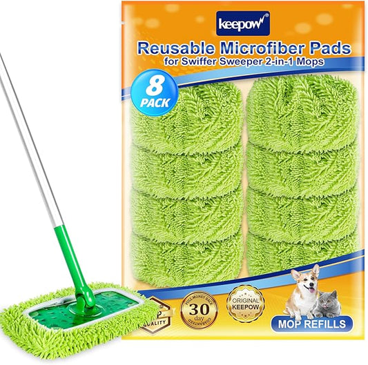 KEEPOW Reusable Microfiber Mop Pads Compatible with Swiffer Sweeper Mop, Dry Sweeping Cloths, Washable Wet Mopping Cloth Refills for Surface/Hardwood Floor Cleaning, 8 Pack (Mop is Not Included)