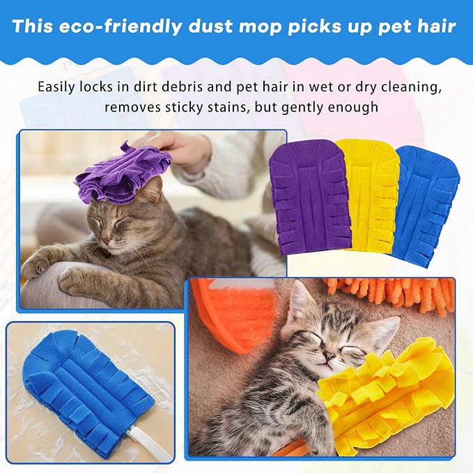 Zubebe 3 Pcs Duster Refill Reusable Fleece Duster Refills Feather Flat Dusters Multi Surface Washable Cleaning Pads Tools for Home, Blinds, Car, Pet, Furniture, Fans (Yellow,Blue,Purple)