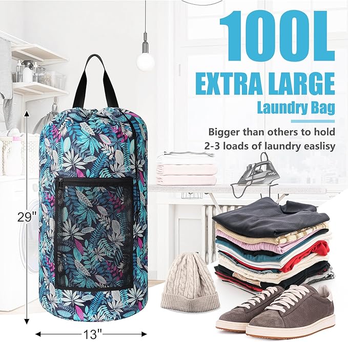 Green Leaf Portable Laundry Bag Backpack with Adjustable Straps & Drawstring Closure, Mesh Pocket - Ideal for College, Apartment, Camping