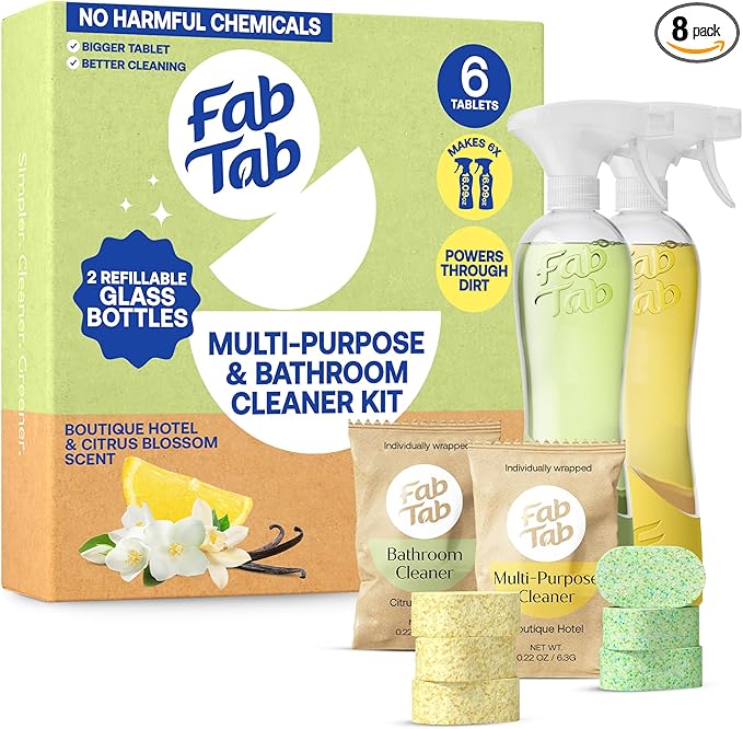 Fab Tab Tablet Cleaner, Multi-Purpose & Bathrom Cleaner for Eco-Concious Cleaning, Non Harmful & Chemical-Free Formula, Convenient Refills with 2 Glass Bottles, Luxury Hotel Scent (6 Refill Tablets)