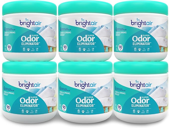Bright Air 14 oz. Super Odor Eliminator, For Medium-Size Spaces, Linen & Spring Breeze Scent, Case of 6, Air Freshener, Natural Essential Oils, Lasts Up to 90 Days Each