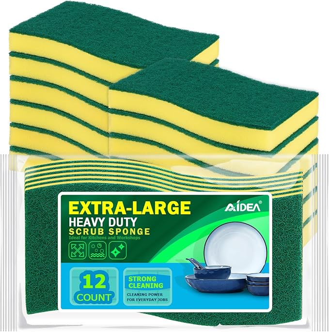 AIDEA Sponges Kitchen, XL Heavy Duty Dish Sponge, Cleaning Dish Scrubber Sponge for Home and Kitchen, Extra Large Cleaning Supplies for Pots, Pans, 12 Pack