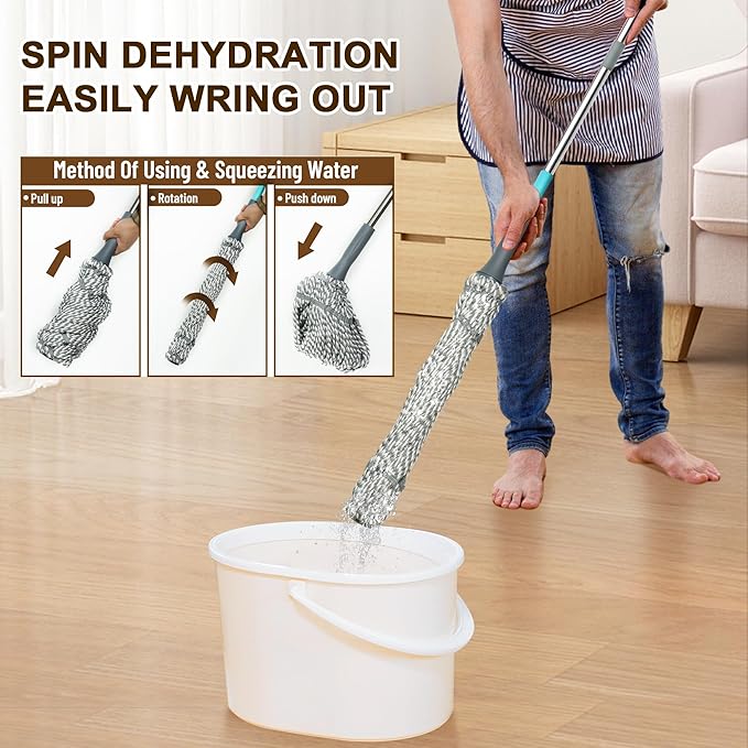 Self Wringing Mop - Easy Squeeze Twist Mop with 52.5 Inch Long Handle, Heavy Duty for Hardwood, Tile, Vinyl & Laminate Floors (Gray)