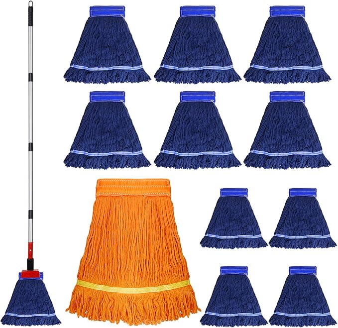 Heavy Duty Commercial Mop with 77inch Long Handle, Looped-End String Wet Mop with 12 Mop Heads for Home, Garage, Office Floor Cleaning (Blue-Orange)