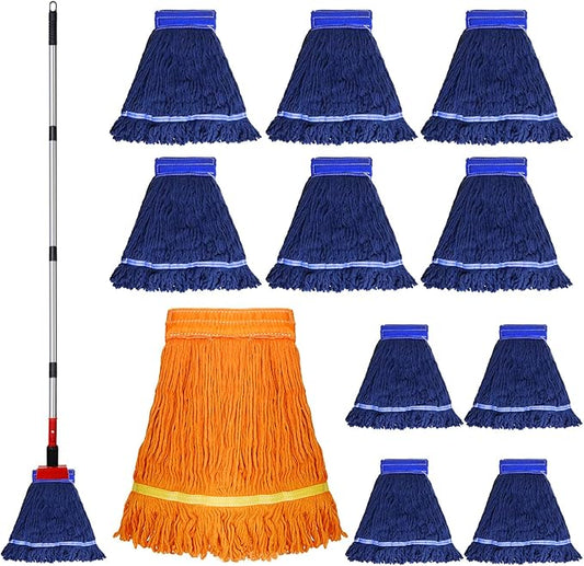 Heavy Duty Commercial Mop with 77inch Long Handle, Looped-End String Wet Mop with 12 Mop Heads for Home, Garage, Office Floor Cleaning (Blue-Orange)