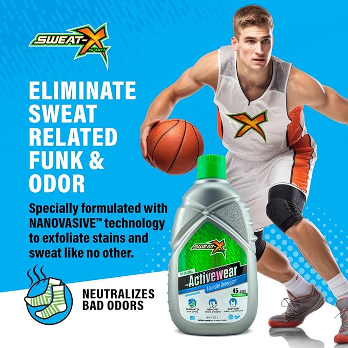 Sweat X Original Activewear Laundry Detergent – Remove the Worst Odors & Toughest Stains – High Performance Sports Wash for Training Gear & All Fabric Types – 45 Loads/Bottle – 4 Pack