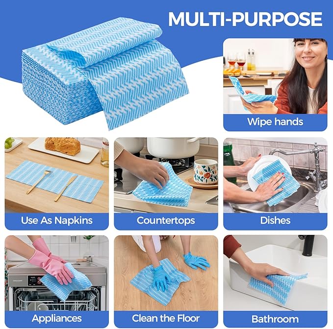 Reusable Cleaning Cloths Handi Wipes Reusable Cloths Disposabel Dish Towels Dry Handy Wipes Big Durable Absoebent and Dry Quickly 100 Count, Blue
