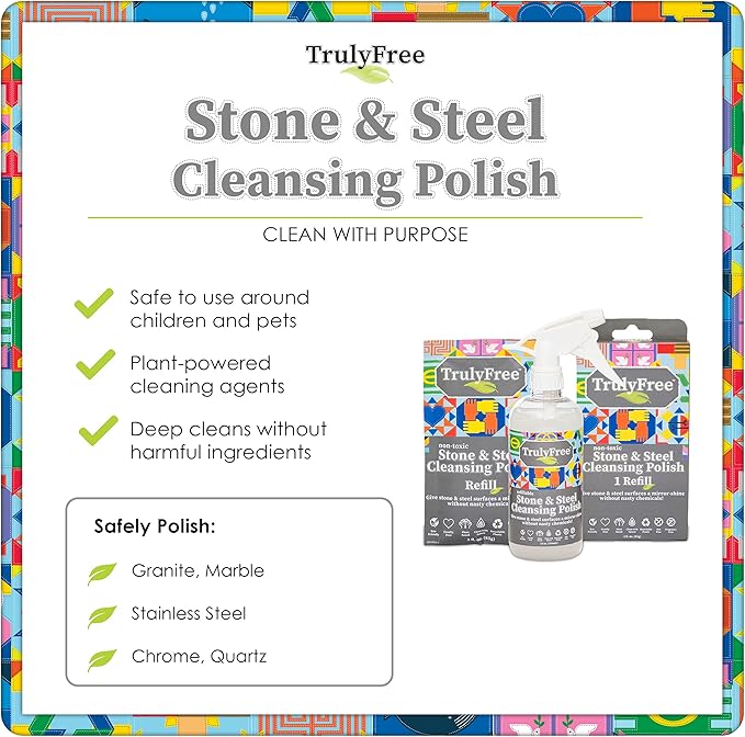 Truly Free Stone & Steel Cleansing Polish Starter Kit - Quartz, Marble, Granite, Stone Countertop, Oven, Stainless Steel Cleaner - 16oz Spray Bottle, 2 Refills (4oz) No Harmful Ingredients